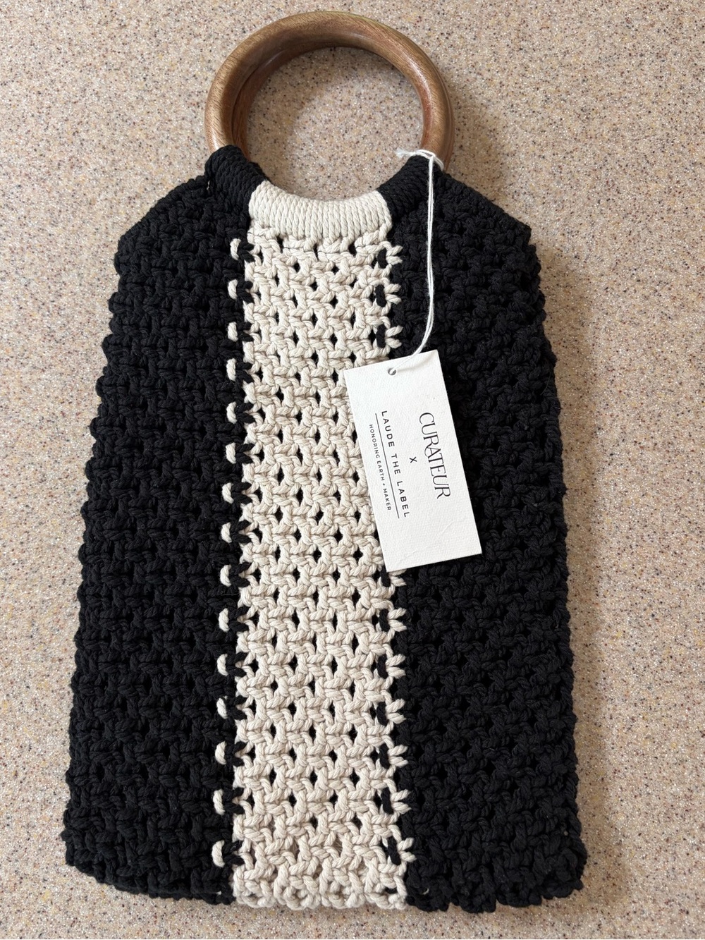 Laude the Label Black and Off White The Gabby Macrame Bag with Round Wood Handle